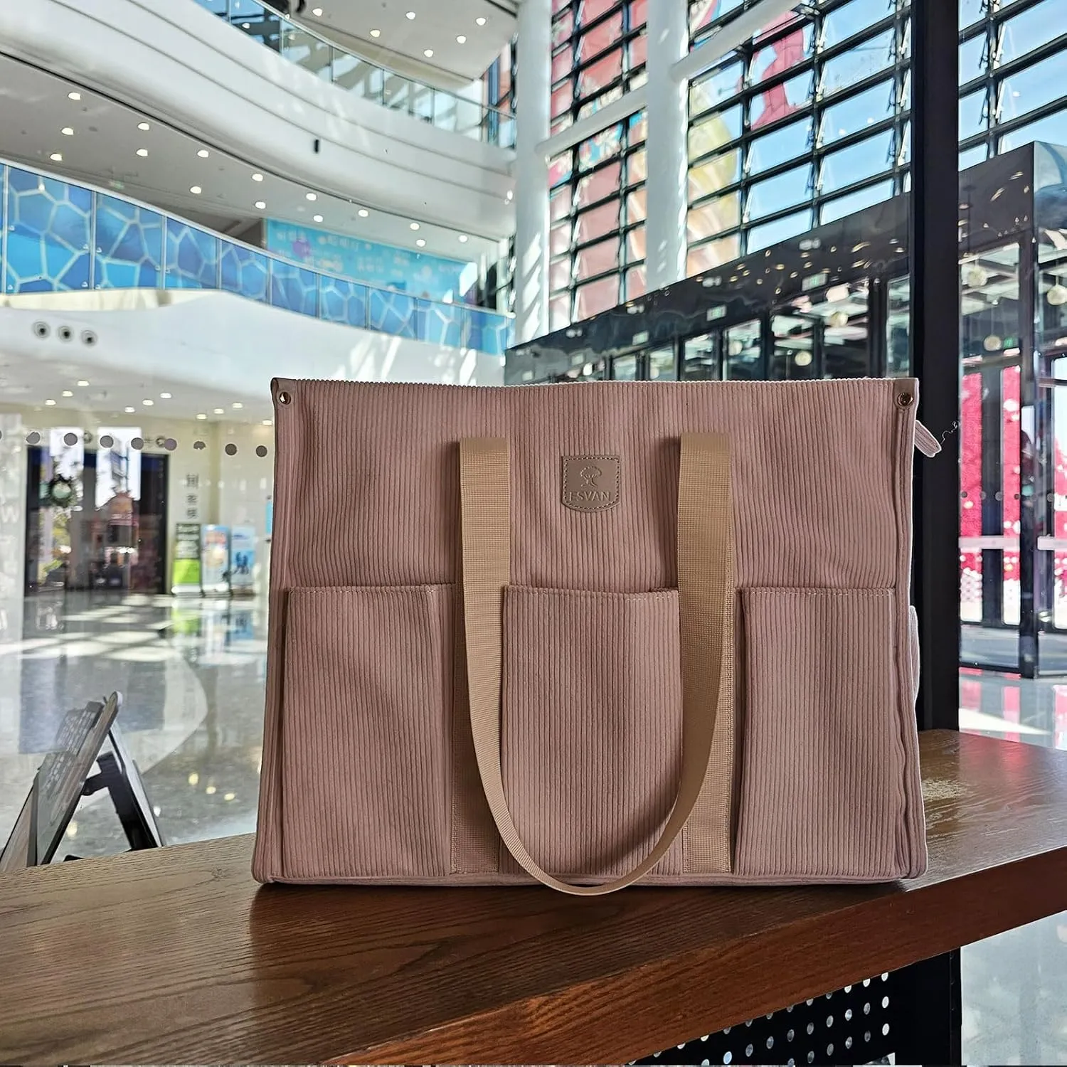 ESVAN Utility Tote Bag with Zip Top Corduroy Shoulder Bag Teacher Bag for Teacher Work Women Travel Beach