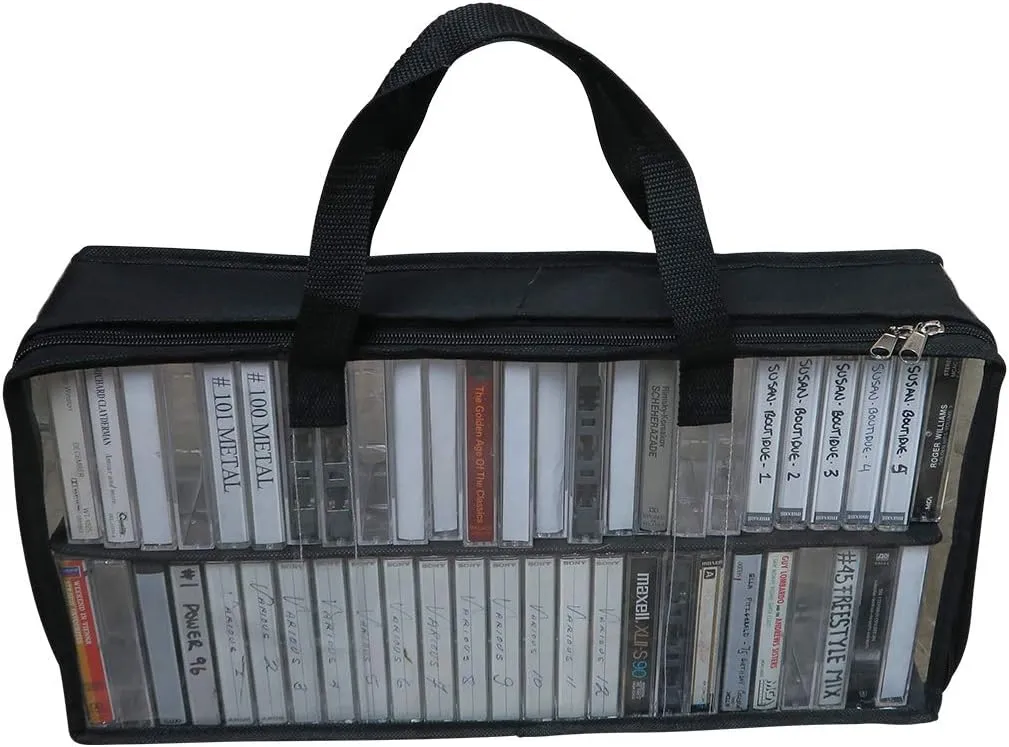 Evelots Cassette Tape Bag -See Thru Organizer Storage with Handles - Easy Carrying Case - No Dust or Moisture - Holds 50 Tapes with cases