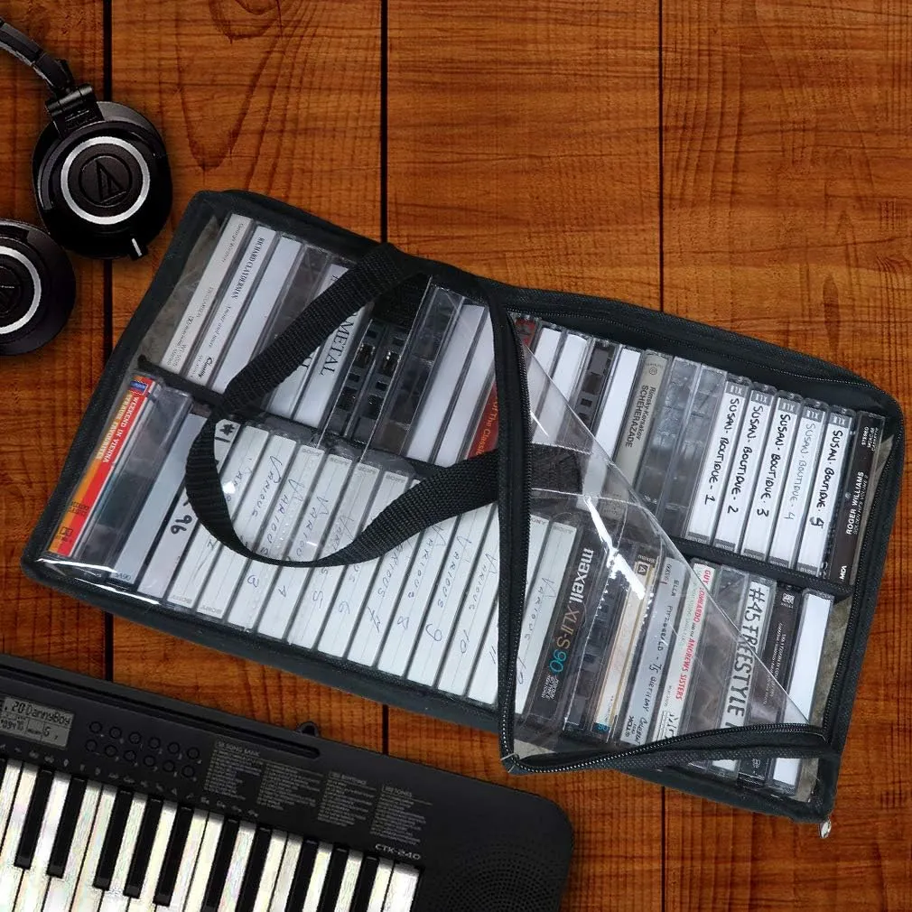 Evelots Cassette Tape Bag -See Thru Organizer Storage with Handles - Easy Carrying Case - No Dust or Moisture - Holds 50 Tapes with cases