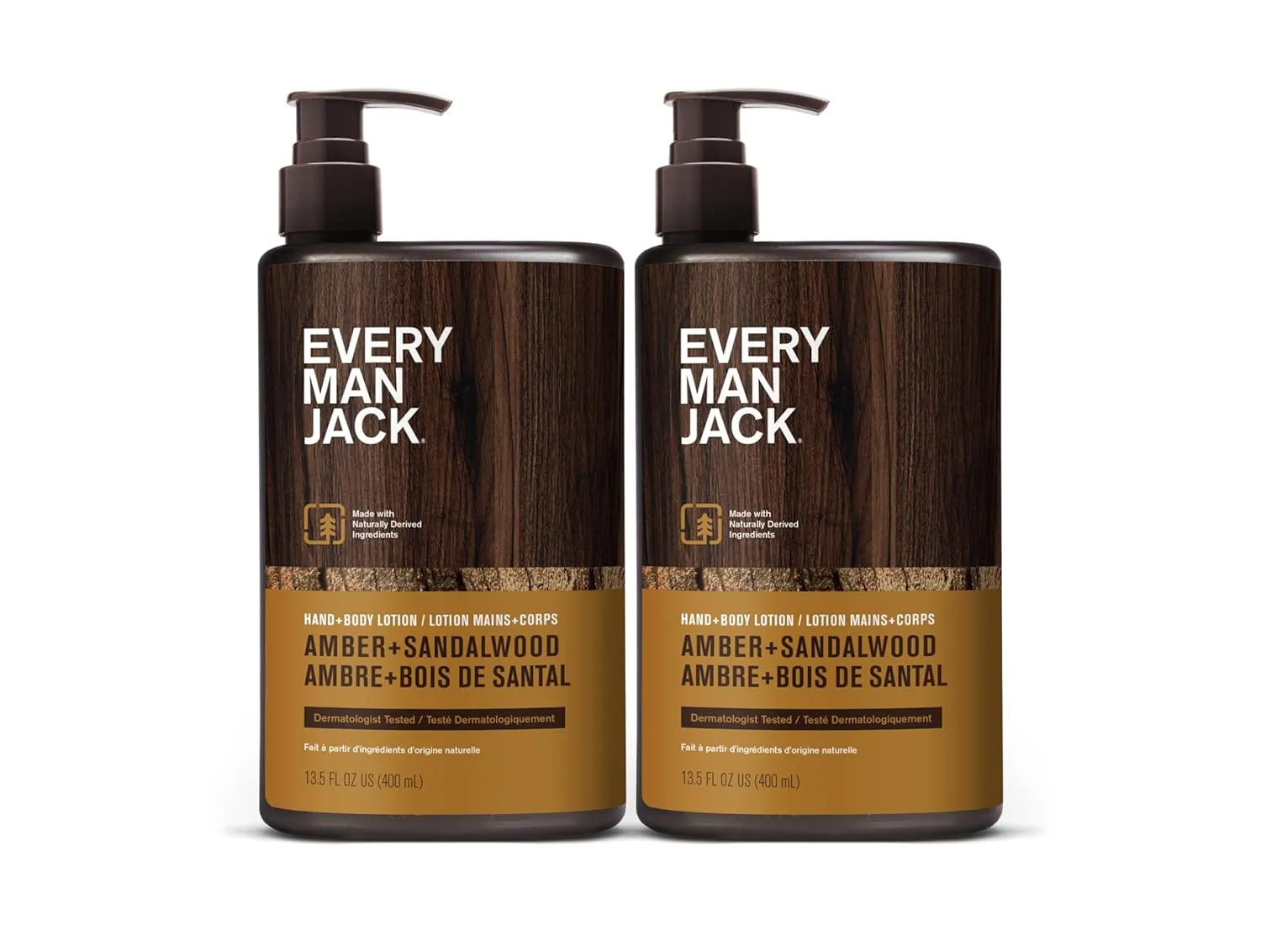 Every Man Jack Mens Amber   Sandalwood Hand & Body Lotion for All Skin Types - Dermatologist Tested & Hypoallergenic - Nourish Skin with Lightweight Fast Absorbing Lotion - 13.5oz 2 Bottles