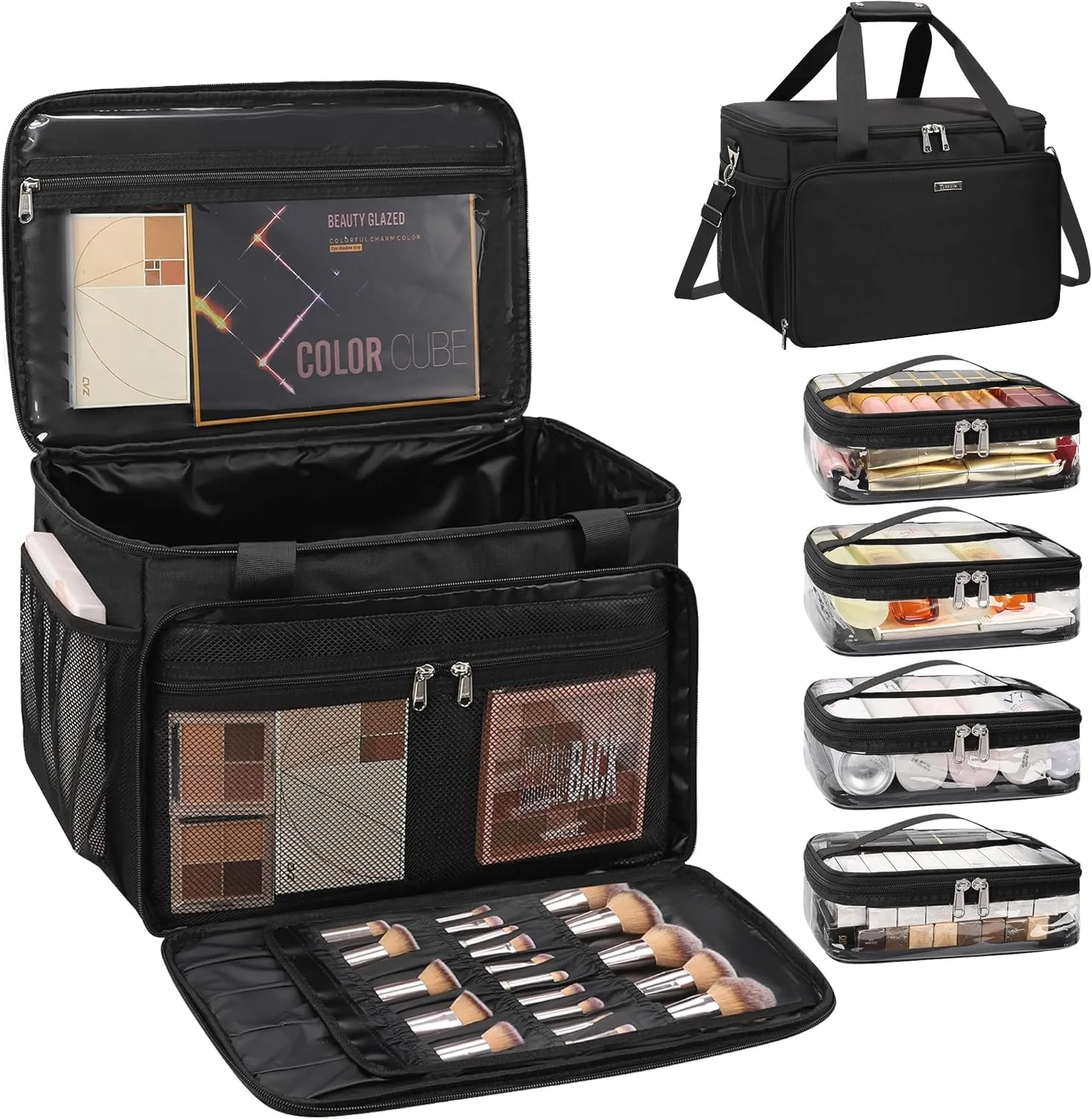 Extra Large Makeup Bag Travel Makeup Case Professional Makeup Artist Bag with 4 Clear Pouches Hairstylist Cosmetic Bag with Detachable Dividers and Shoulder Straps