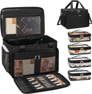 Extra Large Makeup Bag Travel Makeup Case Professional Makeup Artist Bag with 4 Clear Pouches Hairstylist Cosmetic Bag with Detachable Dividers and Shoulder Straps