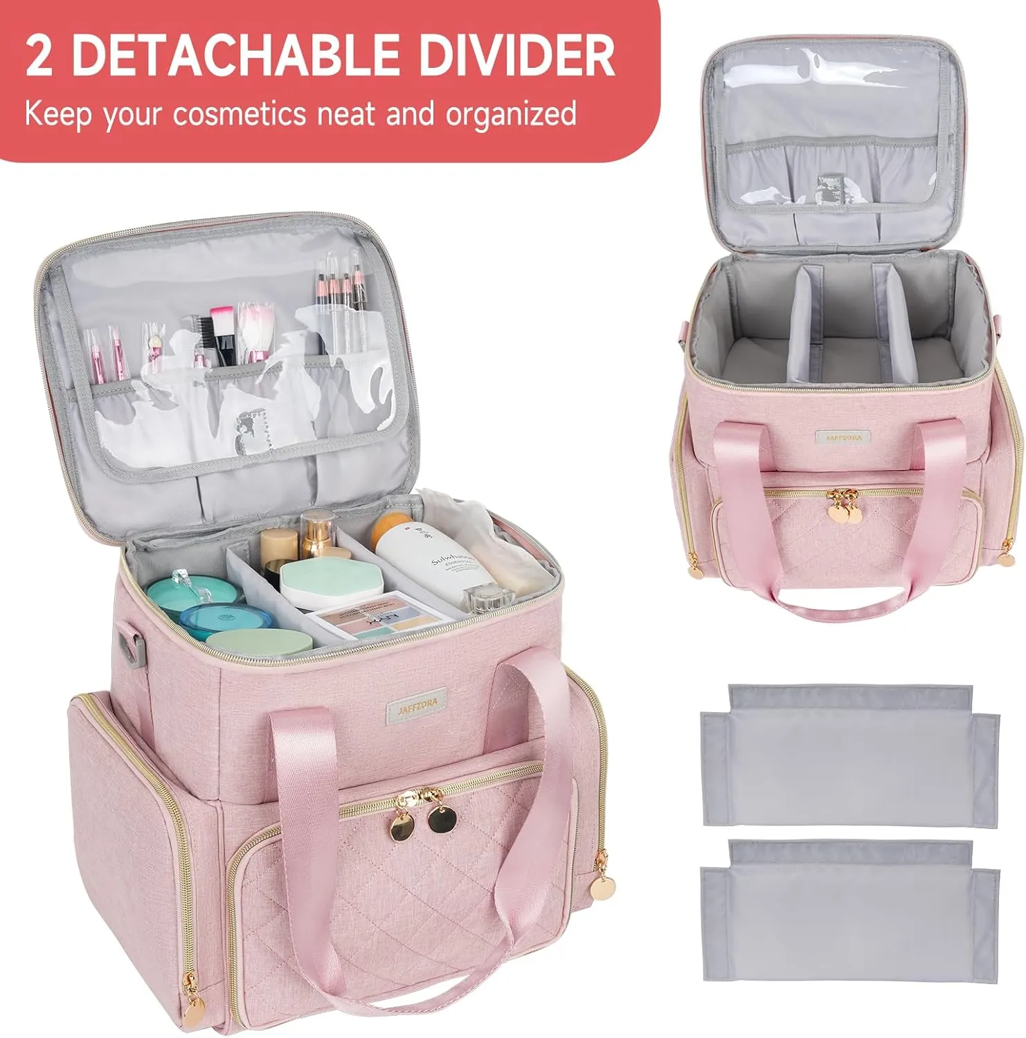 Extra Large Makeup Bag,4 in 1 Cosmetic Storage Organizer Travel Case with Detachable Pouches and Dividers,Pink