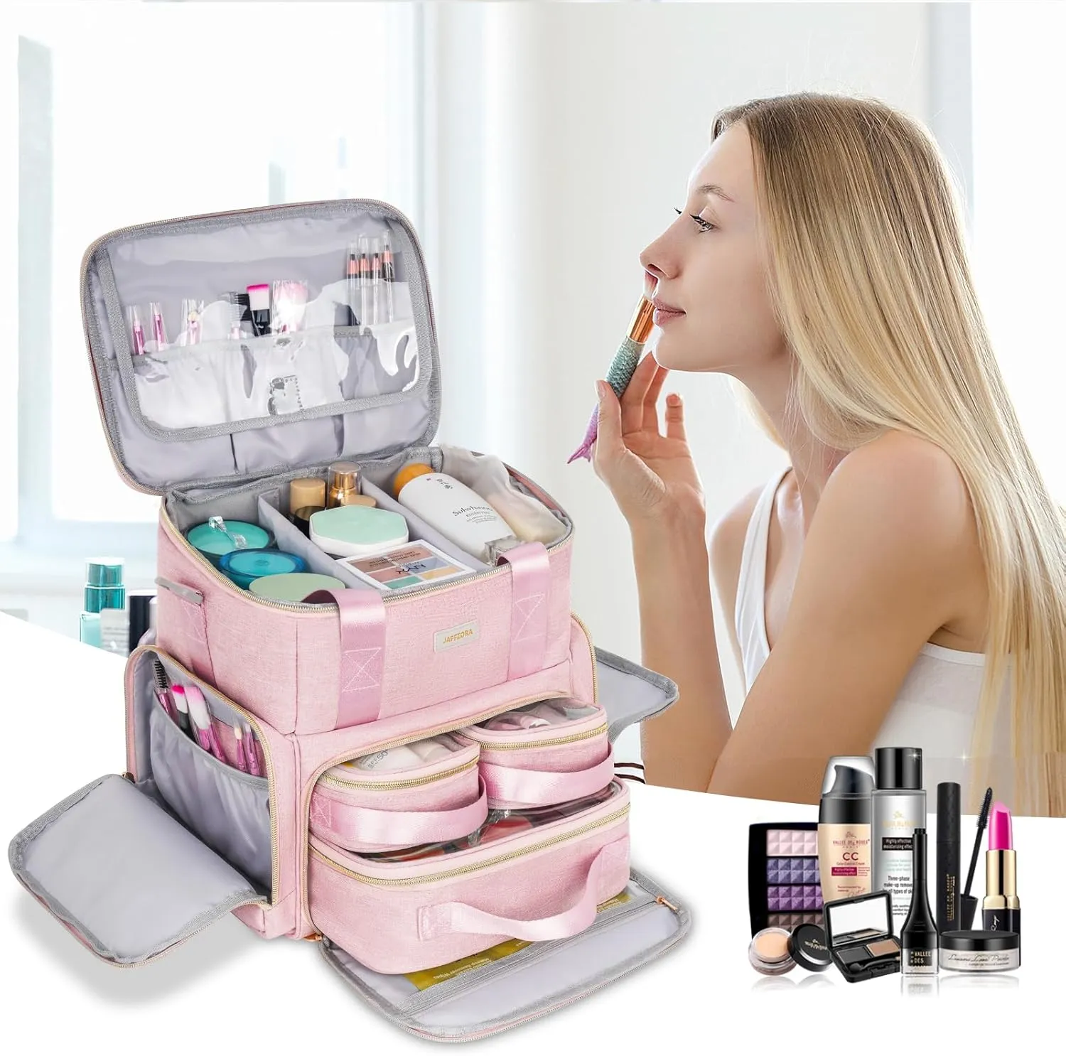Extra Large Makeup Bag,4 in 1 Cosmetic Storage Organizer Travel Case with Detachable Pouches and Dividers,Pink