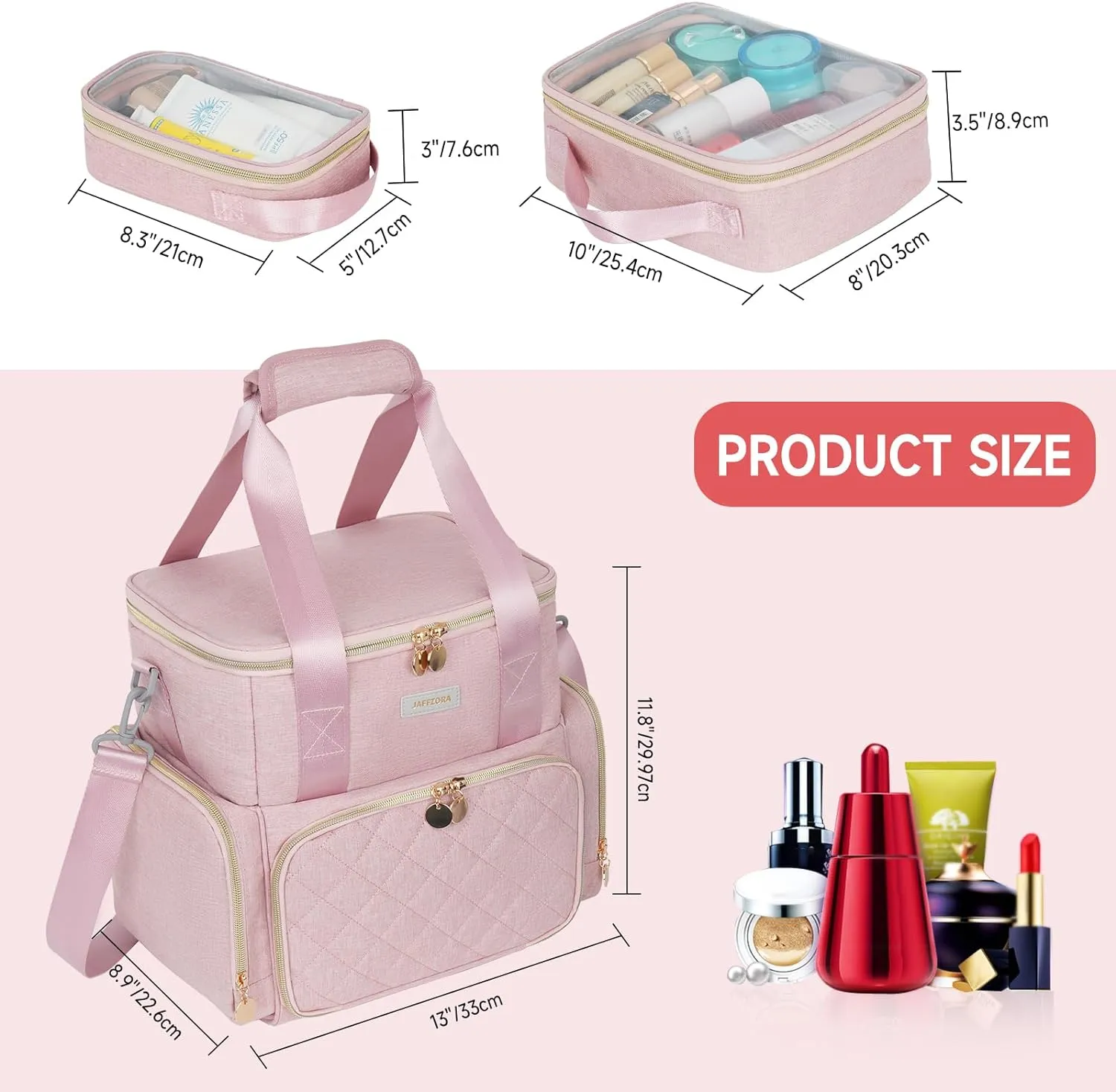 Extra Large Makeup Bag,4 in 1 Cosmetic Storage Organizer Travel Case with Detachable Pouches and Dividers,Pink
