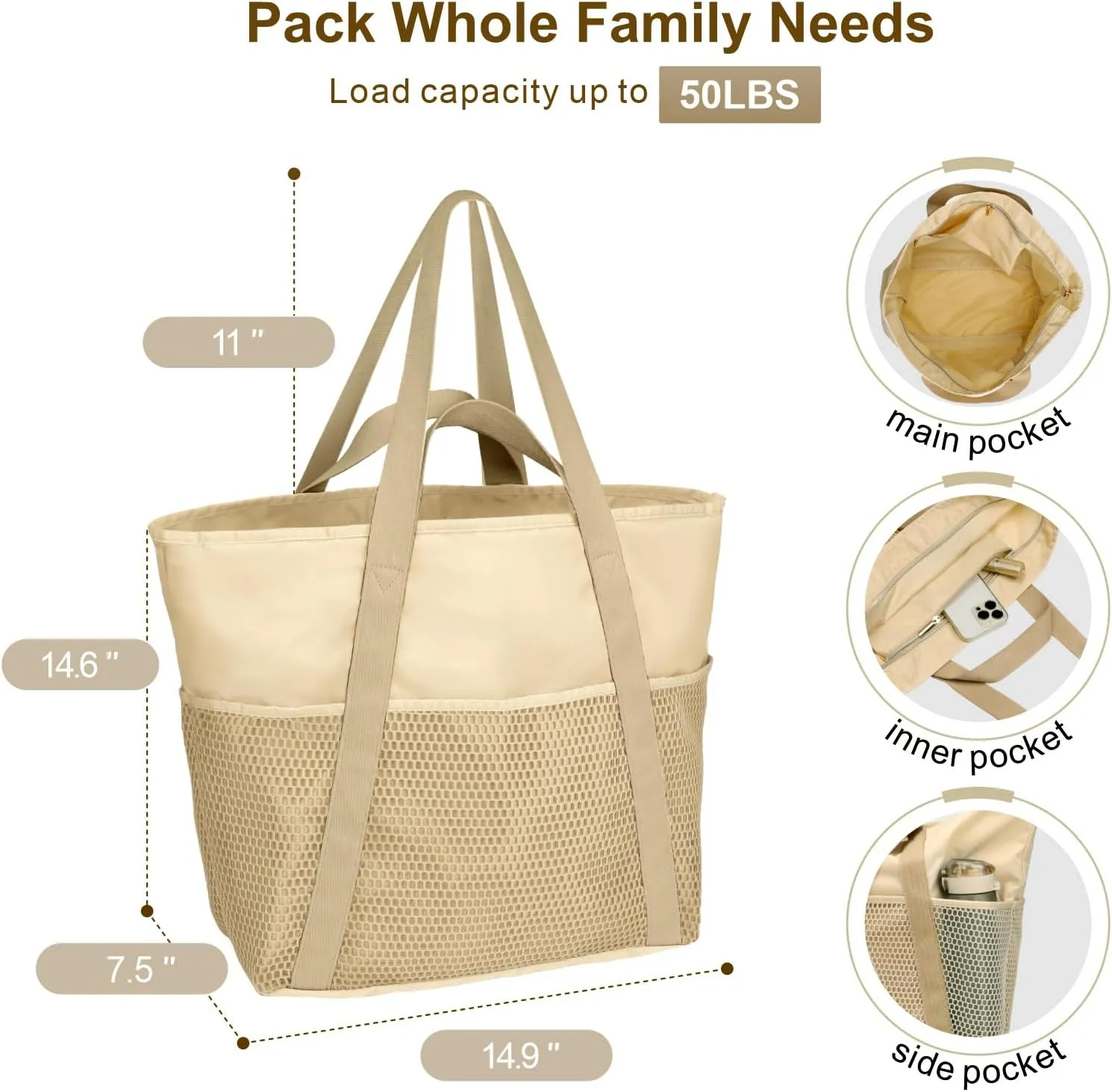 F-color Waterproof Beach Bags for Women - Machine Washable Travel Tote Bag with Zipper Cruise Swim Vacation Essentials