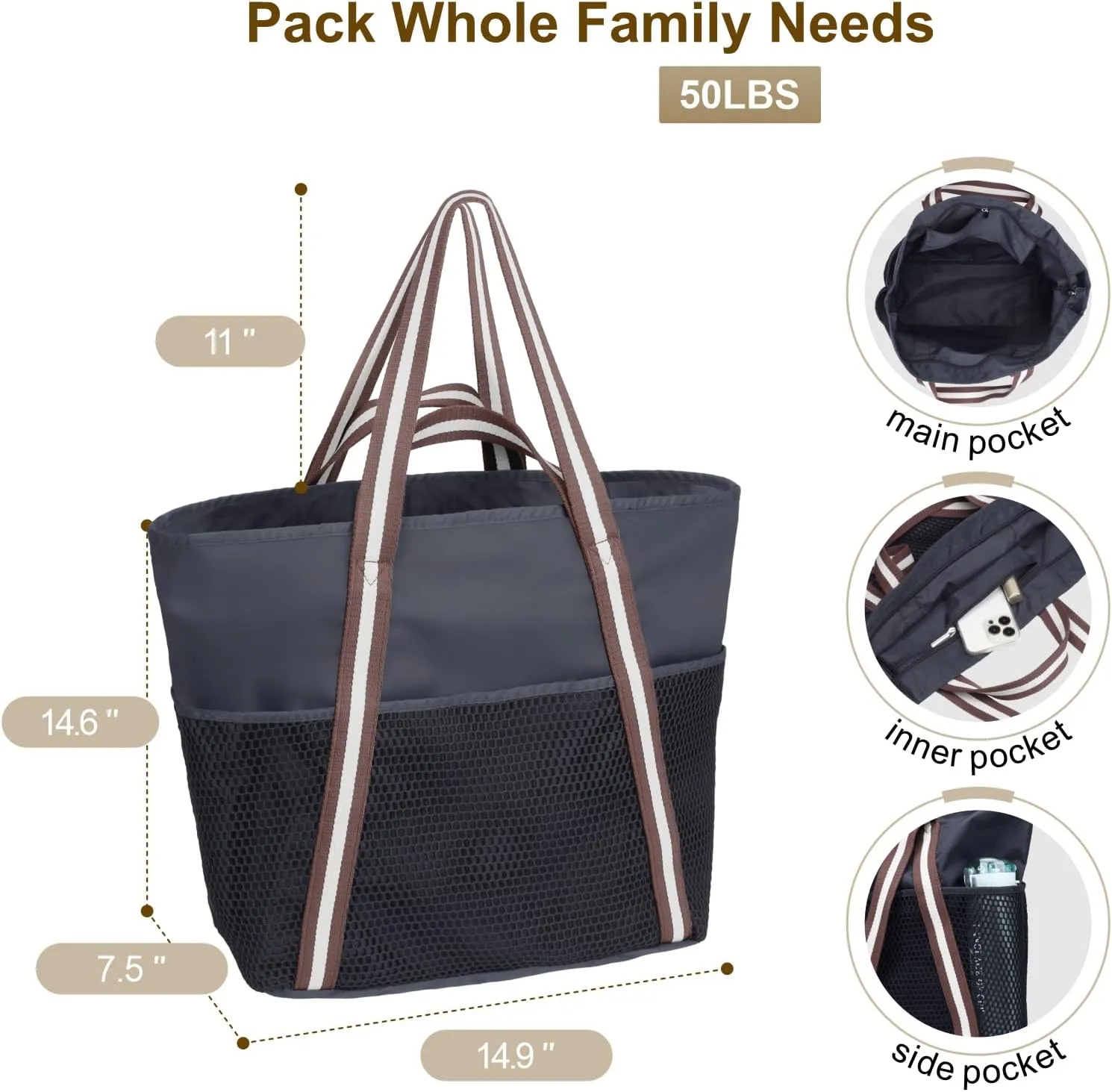 F-color Waterproof Beach Bags for Women - Machine Washable Travel Tote Bag with Zipper Cruise Swim Vacation Essentials