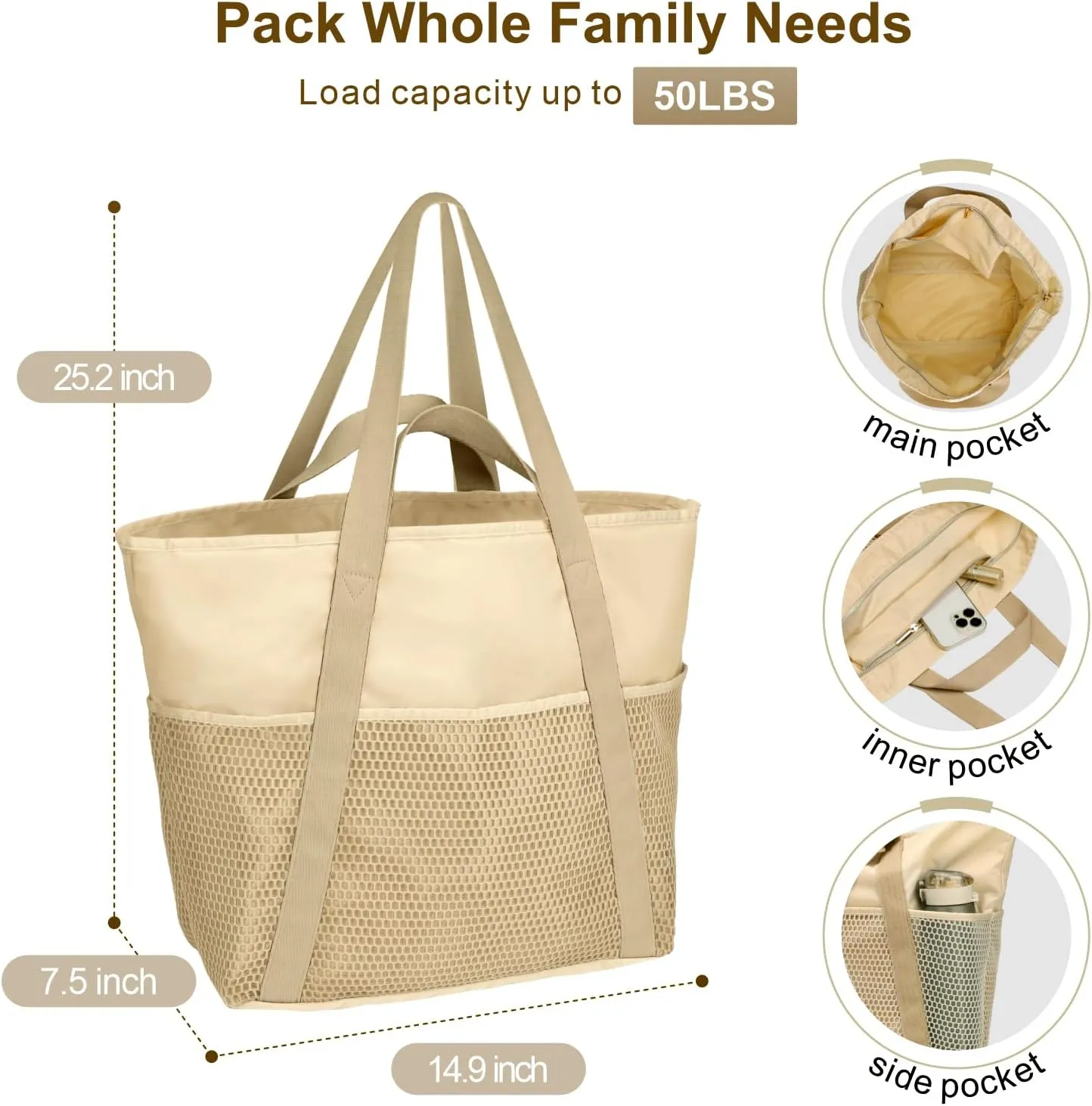 F-color Waterproof Beach Bags for Women - Machine Washable Travel Tote Bag with Zipper Cruise Swim Vacation Essentials