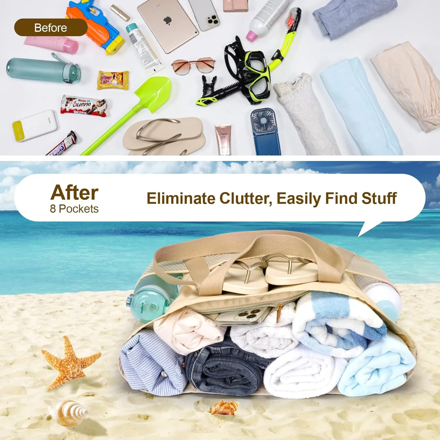 F-color Waterproof Beach Bags for Women - Machine Washable Travel Tote Bag with Zipper Cruise Swim Vacation Essentials