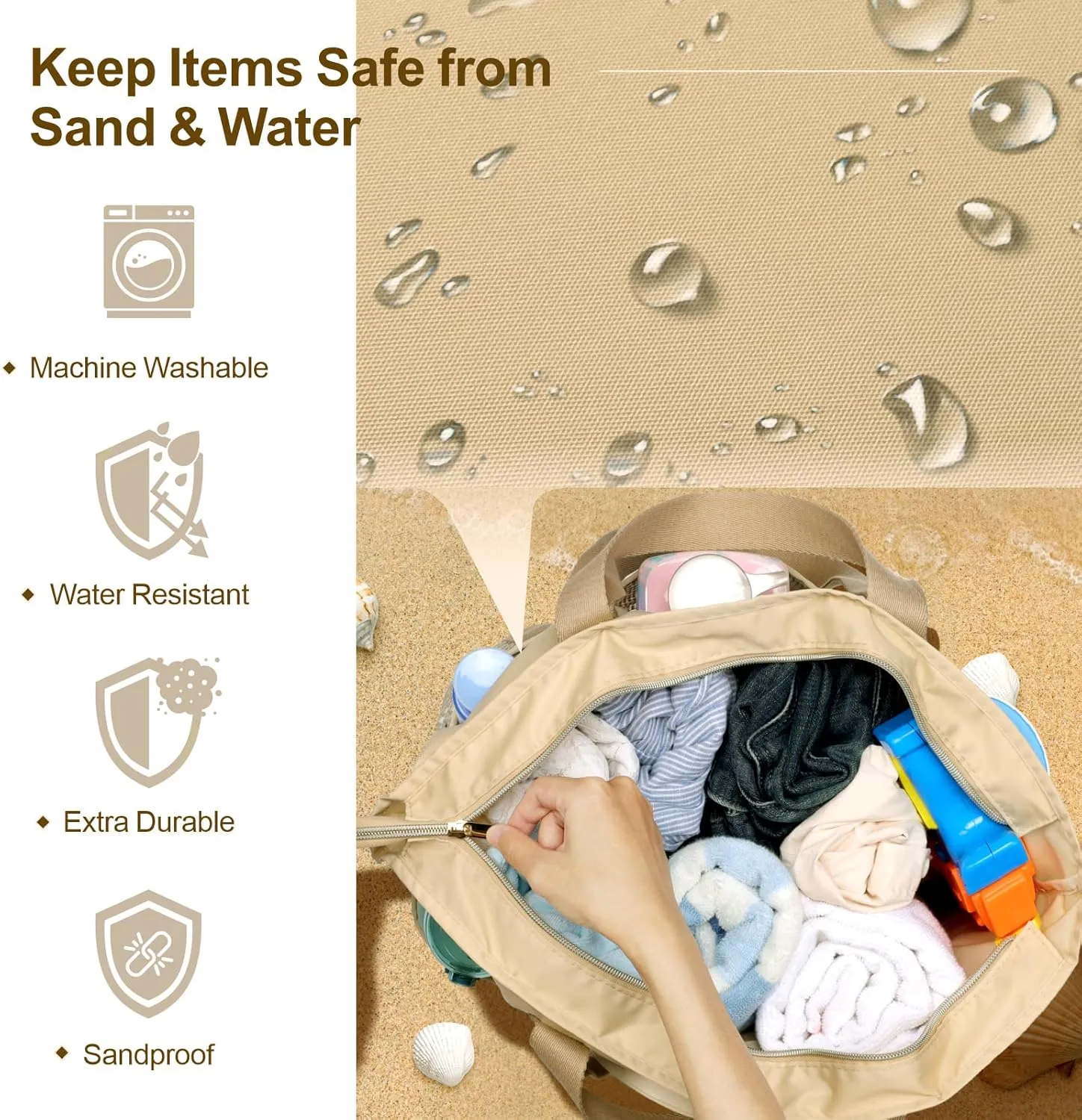F-color Waterproof Beach Bags for Women - Machine Washable Travel Tote Bag with Zipper Cruise Swim Vacation Essentials