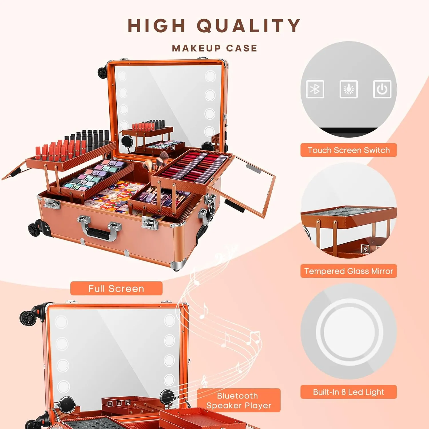FAHKNS 24'' Aluminum Trolley Makeup Train Case with LED Light Professional Cosmetic Make up Cosmetic Organizer Studio