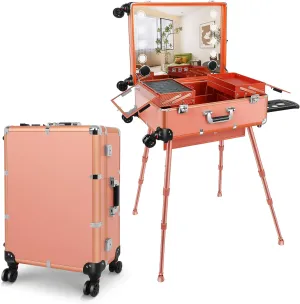 FAHKNS 24'' Aluminum Trolley Makeup Train Case with LED Light Professional Cosmetic Make up Cosmetic Organizer Studio