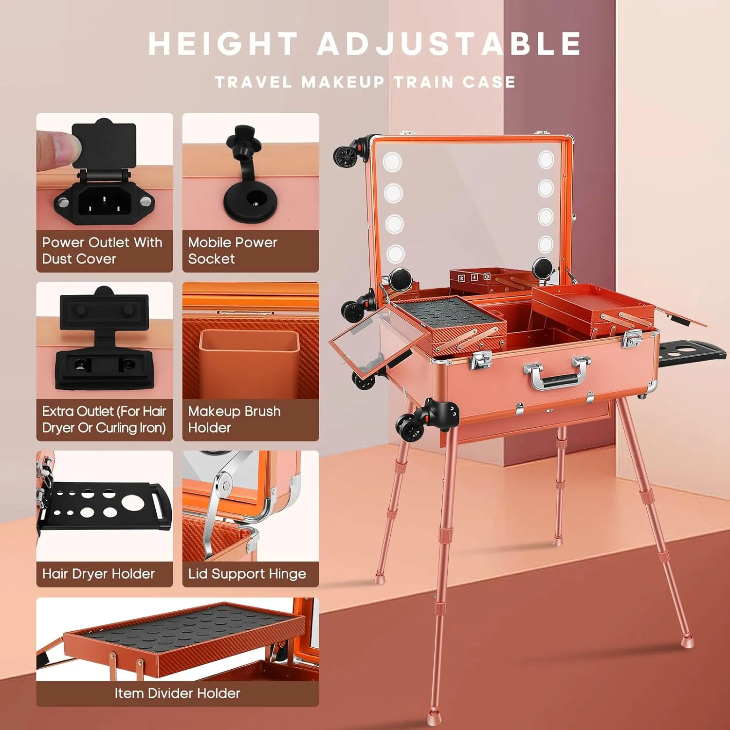FAHKNS 24'' Aluminum Trolley Makeup Train Case with LED Light Professional Cosmetic Make up Cosmetic Organizer Studio