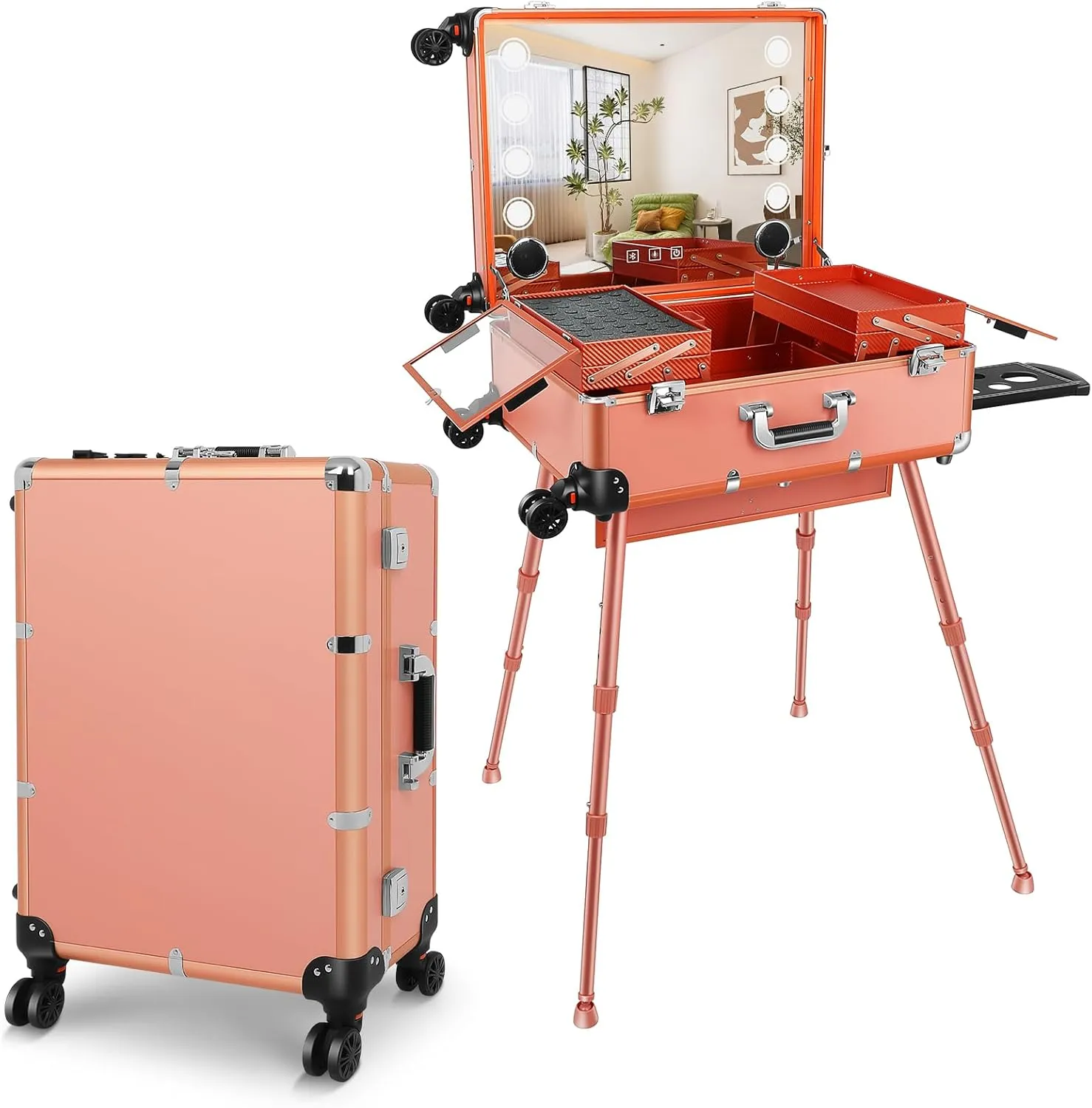 FAHKNS 24'' Aluminum Trolley Makeup Train Case with LED Light Professional Cosmetic Make up Cosmetic Organizer Studio