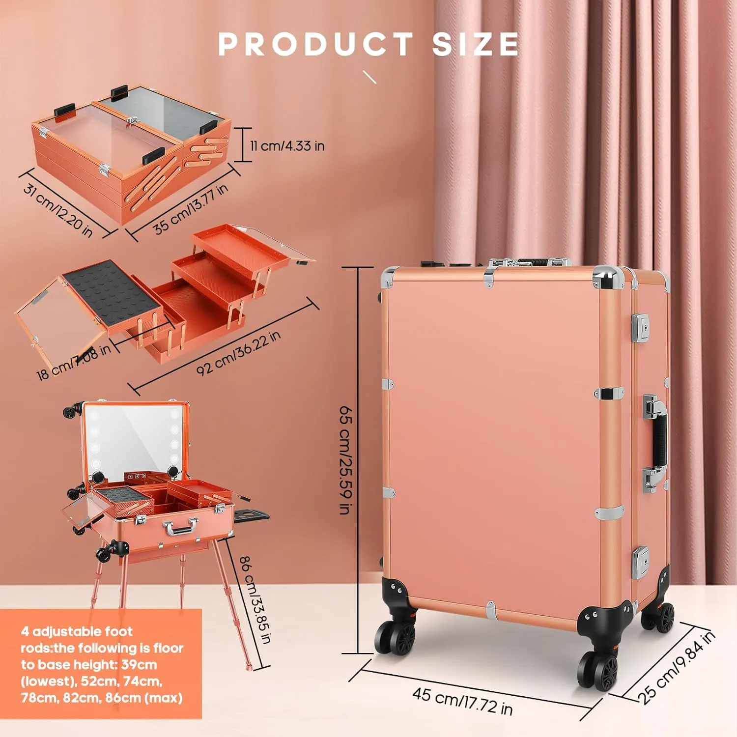 FAHKNS 24'' Aluminum Trolley Makeup Train Case with LED Light Professional Cosmetic Make up Cosmetic Organizer Studio