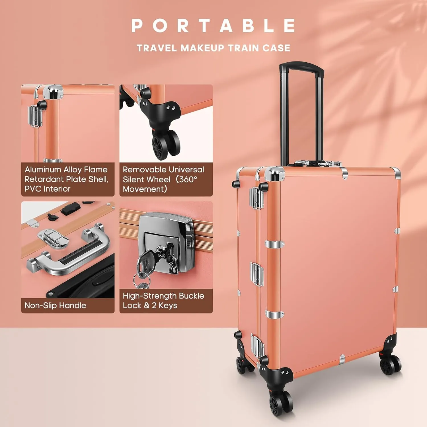 FAHKNS 24'' Aluminum Trolley Makeup Train Case with LED Light Professional Cosmetic Make up Cosmetic Organizer Studio