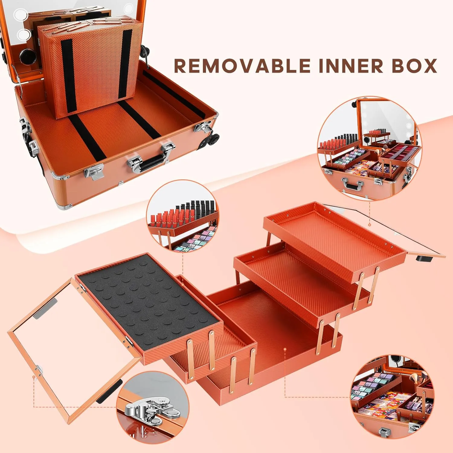 FAHKNS 24'' Aluminum Trolley Makeup Train Case with LED Light Professional Cosmetic Make up Cosmetic Organizer Studio