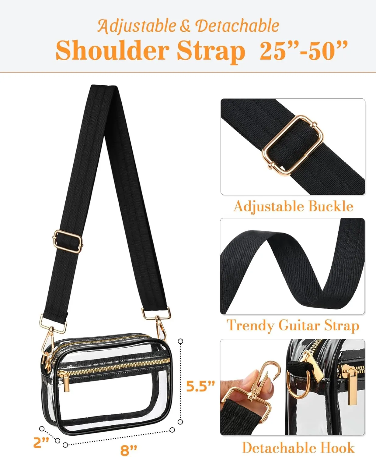 FANGSUN Clear Crossbody Bag Stadium Approved, Clear Purse for Women, Transparent Shoulder Messenger Handbag for Concert Sport