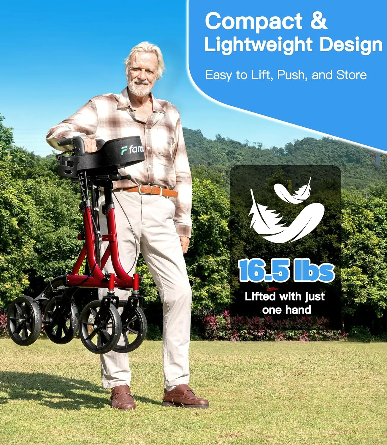 Farani All Terrain Walkers for Seniors - 10" Big Wheels, Compact Size Lightweight Foldable Rollator Walker with Seat, Reinforced Triangular Frame Rollator with Cup Holder, 300lbs Weight Capacity