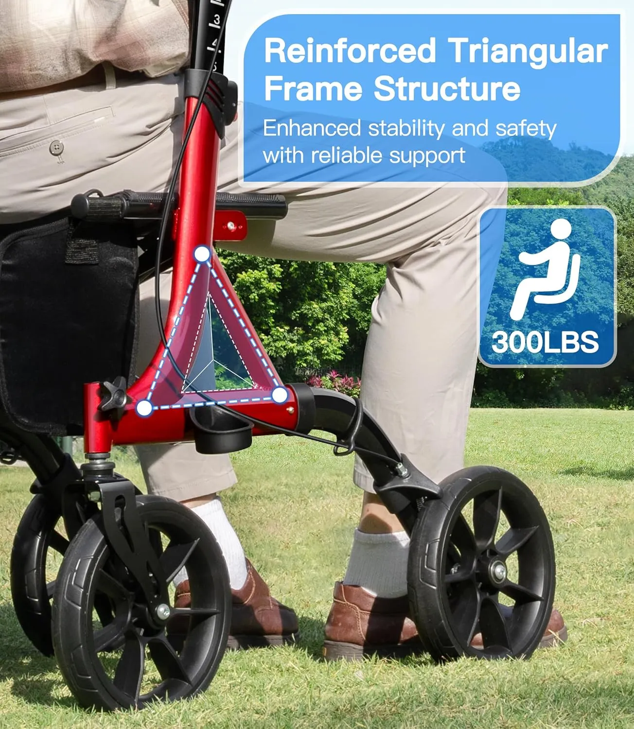 Farani All Terrain Walkers for Seniors - 10" Big Wheels, Compact Size Lightweight Foldable Rollator Walker with Seat, Reinforced Triangular Frame Rollator with Cup Holder, 300lbs Weight Capacity