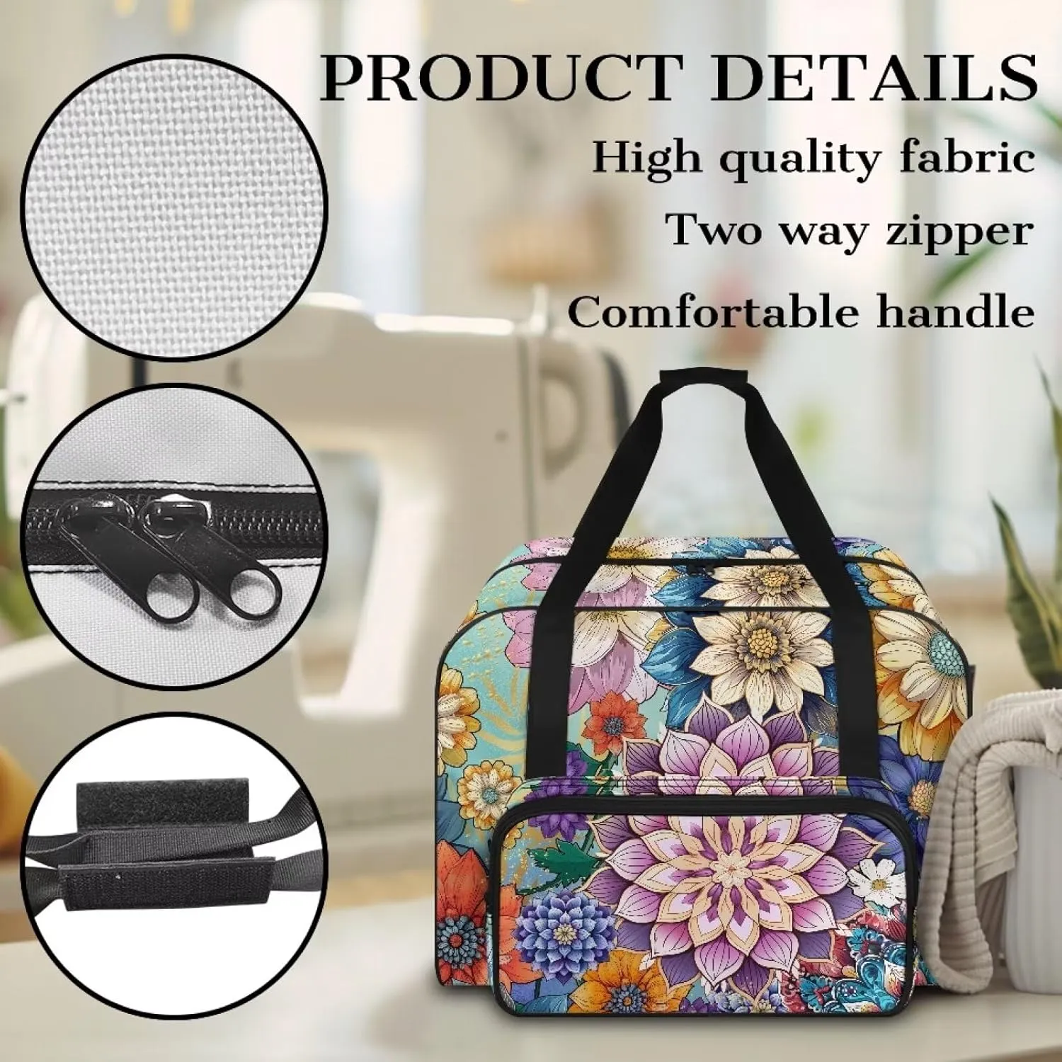Fashion Boho Flower Lotus Sewing Machine Case, Carrying Tote Bag Storage Organizer Compatible with Most Sewing Machines and Accessories
