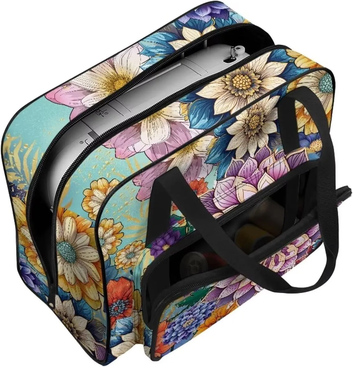Fashion Boho Flower Lotus Sewing Machine Case, Carrying Tote Bag Storage Organizer Compatible with Most Sewing Machines and Accessories