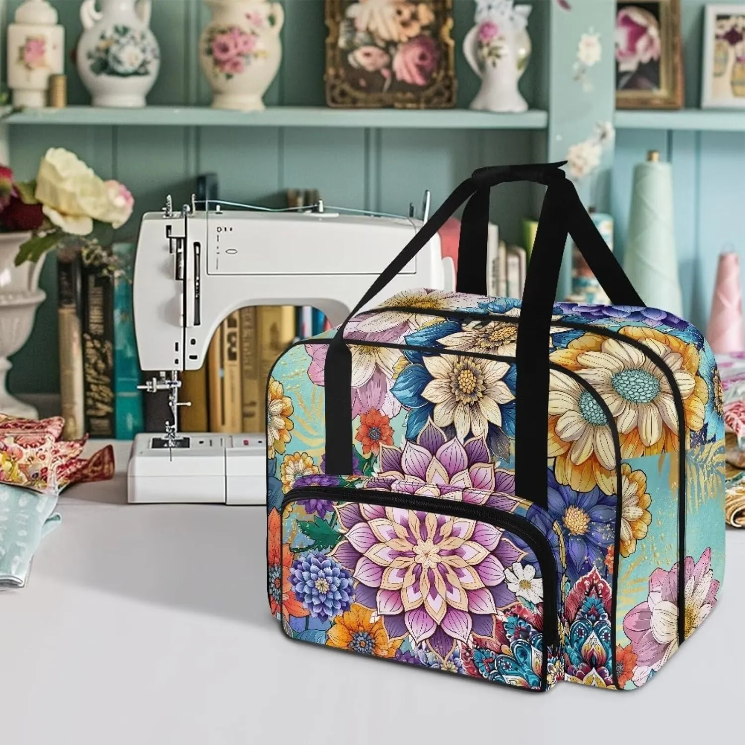 Fashion Boho Flower Lotus Sewing Machine Case, Carrying Tote Bag Storage Organizer Compatible with Most Sewing Machines and Accessories