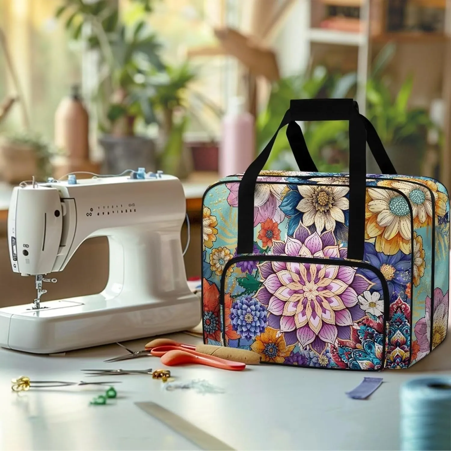 Fashion Boho Flower Lotus Sewing Machine Case, Carrying Tote Bag Storage Organizer Compatible with Most Sewing Machines and Accessories