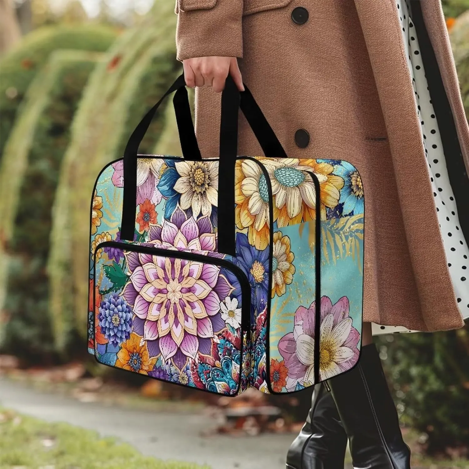 Fashion Boho Flower Lotus Sewing Machine Case, Carrying Tote Bag Storage Organizer Compatible with Most Sewing Machines and Accessories