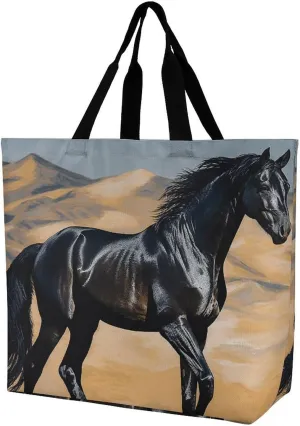 Fashionable Reusable Women's Shoulder Tote Bag Black Arabian Horse Printed with Unique Heat Transfer Print, Eco-Friendly Durable Polyester for Grocery, Travel & Gifts