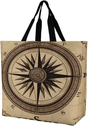 Fashionable Reusable Women's Shoulder Tote Bag Compass Wind Road Map Printed with Unique Heat Transfer Print, Eco-Friendly Durable Polyester for Grocery, Travel & Gifts