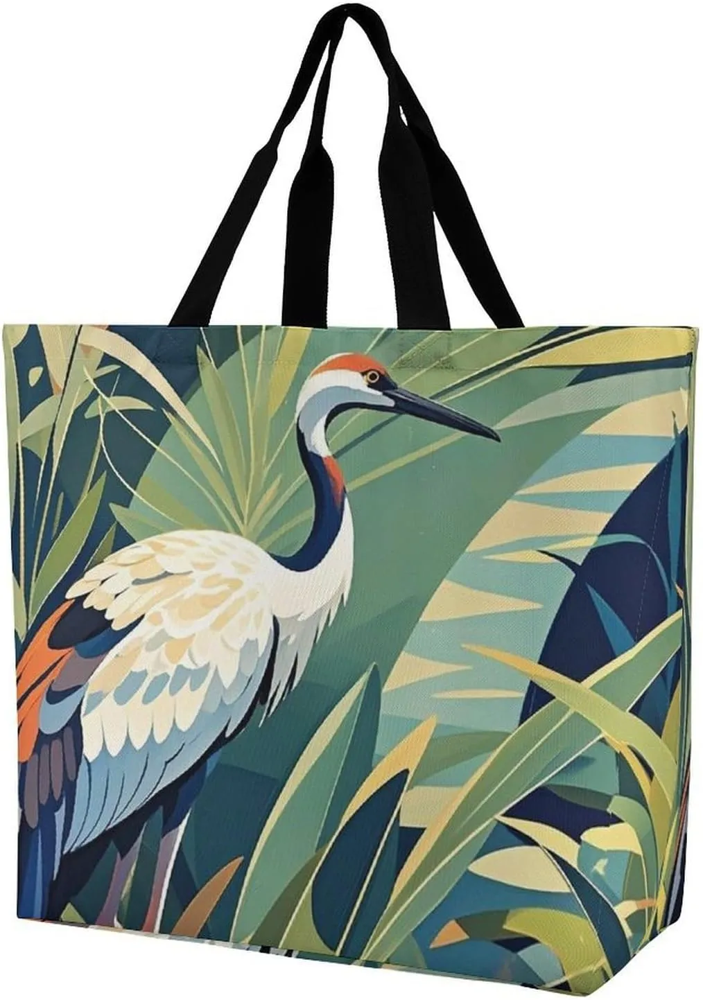 Fashionable Reusable Women's Shoulder Tote Bag Crane Bird Wild Plants Printed with Unique Heat Transfer Print, Eco-Friendly Durable Polyester for Grocery, Travel & Gifts
