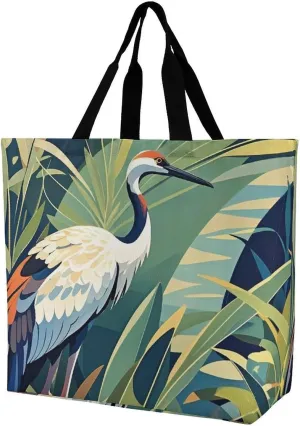 Fashionable Reusable Women's Shoulder Tote Bag Crane Bird Wild Plants Printed with Unique Heat Transfer Print, Eco-Friendly Durable Polyester for Grocery, Travel & Gifts