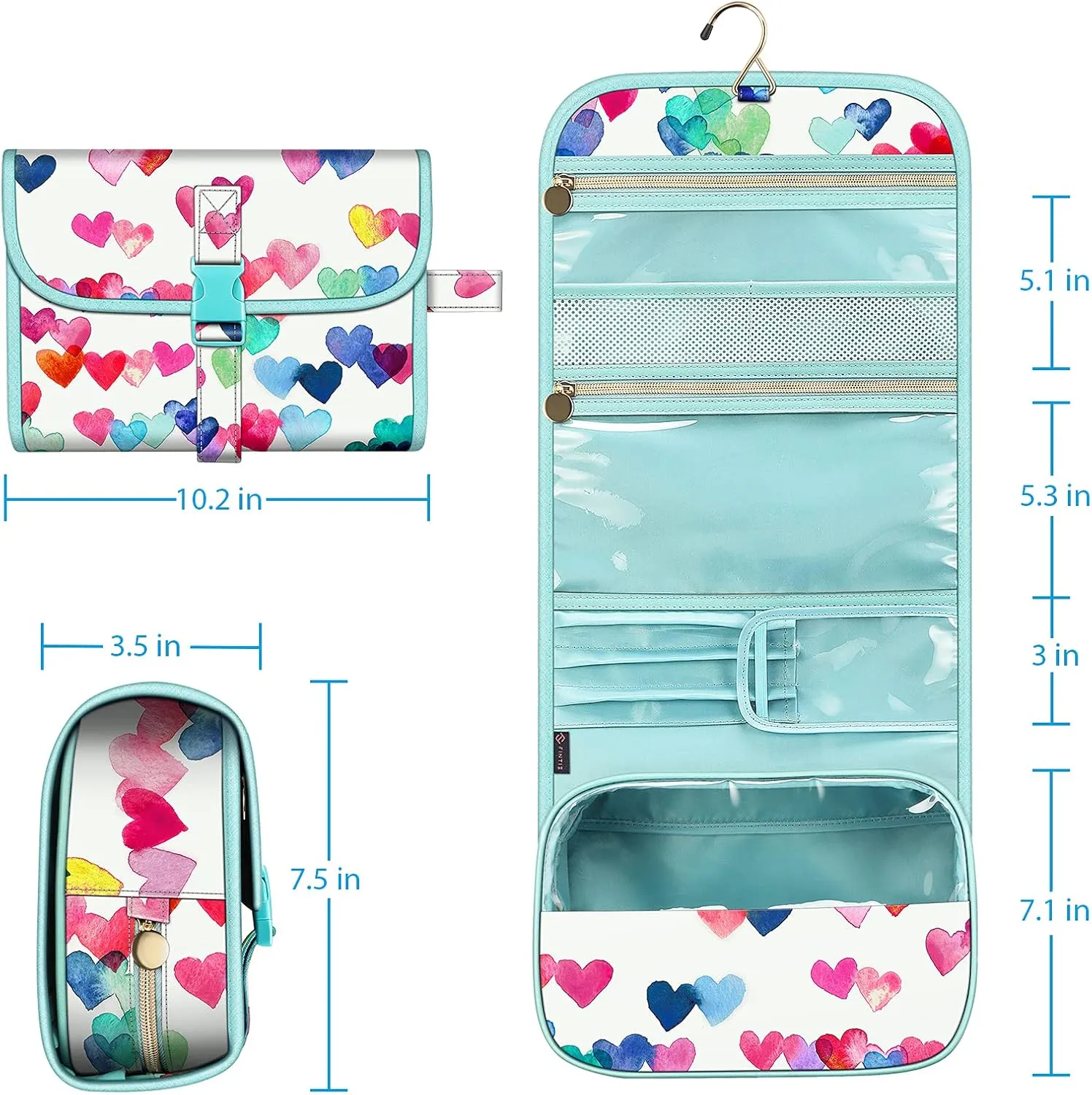 FINTIE Portable Toiletry Cosmetic Travel Bag, Large Water Resistant Hanging Makeup Organizer Storage Pouch Case for Women Girls (Raining Hearts)