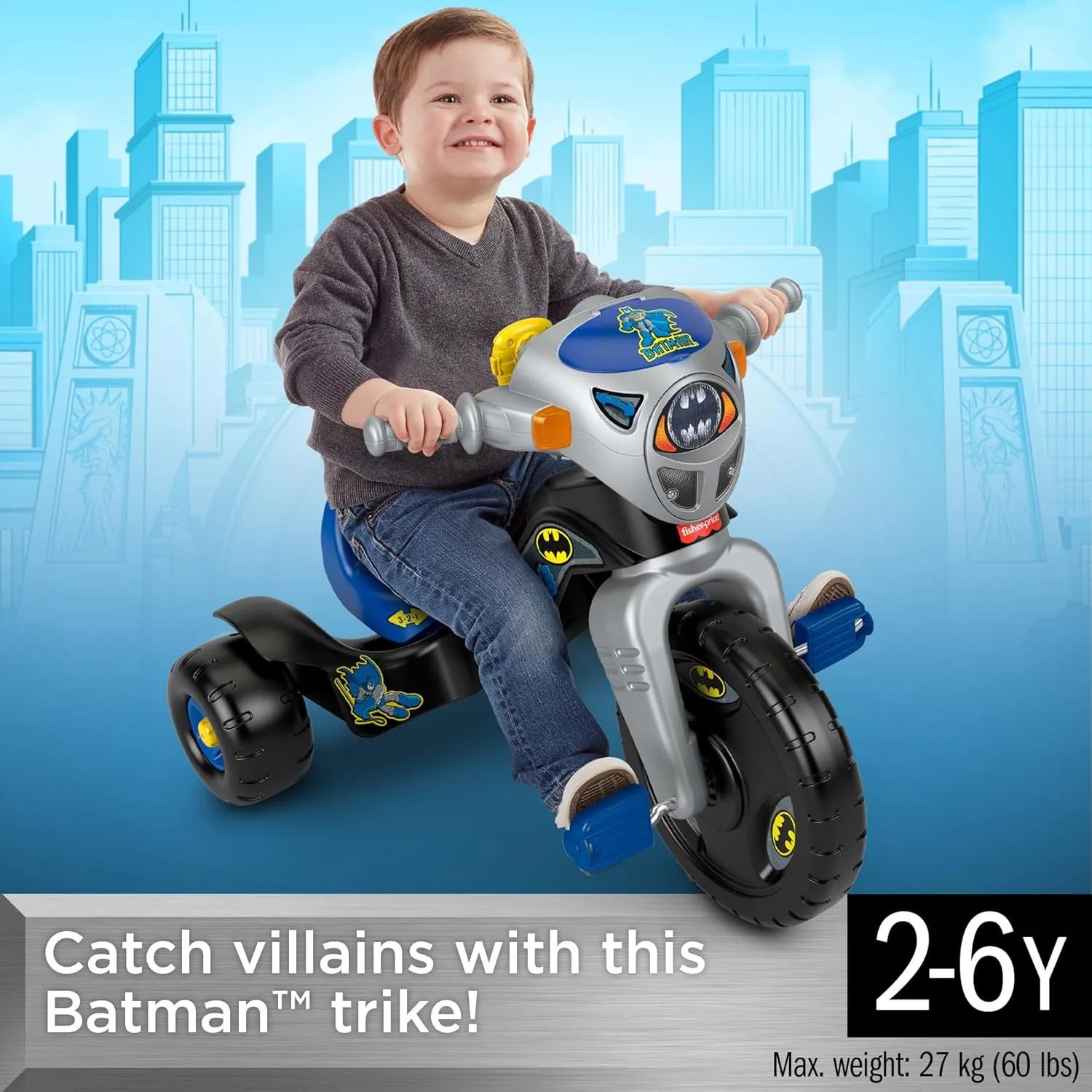 Fisher-Price Toddler Tricycle DC Super Friends Batman Lights & Sounds Trike, Toy Bike with Storage for Outdoor Play Kids Ages 2  Years