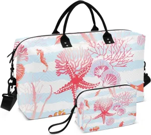 Fishes Shells Seahorse Algae Duffel Bag for Gym Yoga Weekender Overnight Quilting Travel Bag Set