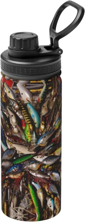 Fishing Bait Sports Insulated Water Bottle - Premium 18 oz. Stainless Steel Hydration Bottle for Outdoor Enthusiasts