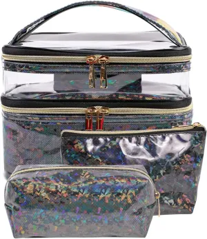 FITINI 3 Pieces Makeup Bags Double Layer Travel Large Holographic Cosmetic Cases Organizer Toiletry Bags Waterproof Small Zipper Pouch for Women Makeup Brush Storage Bag,Black