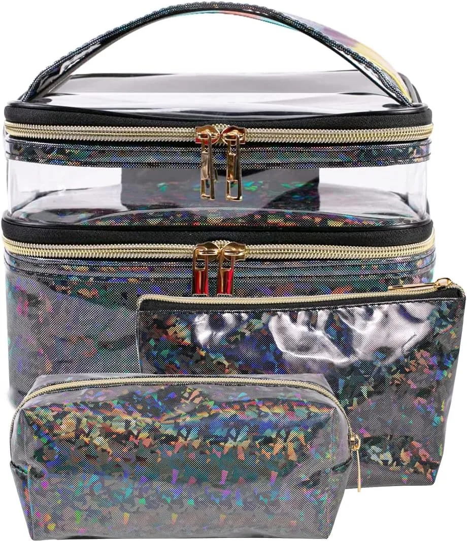 FITINI 3 Pieces Makeup Bags Double Layer Travel Large Holographic Cosmetic Cases Organizer Toiletry Bags Waterproof Small Zipper Pouch for Women Makeup Brush Storage Bag,Black