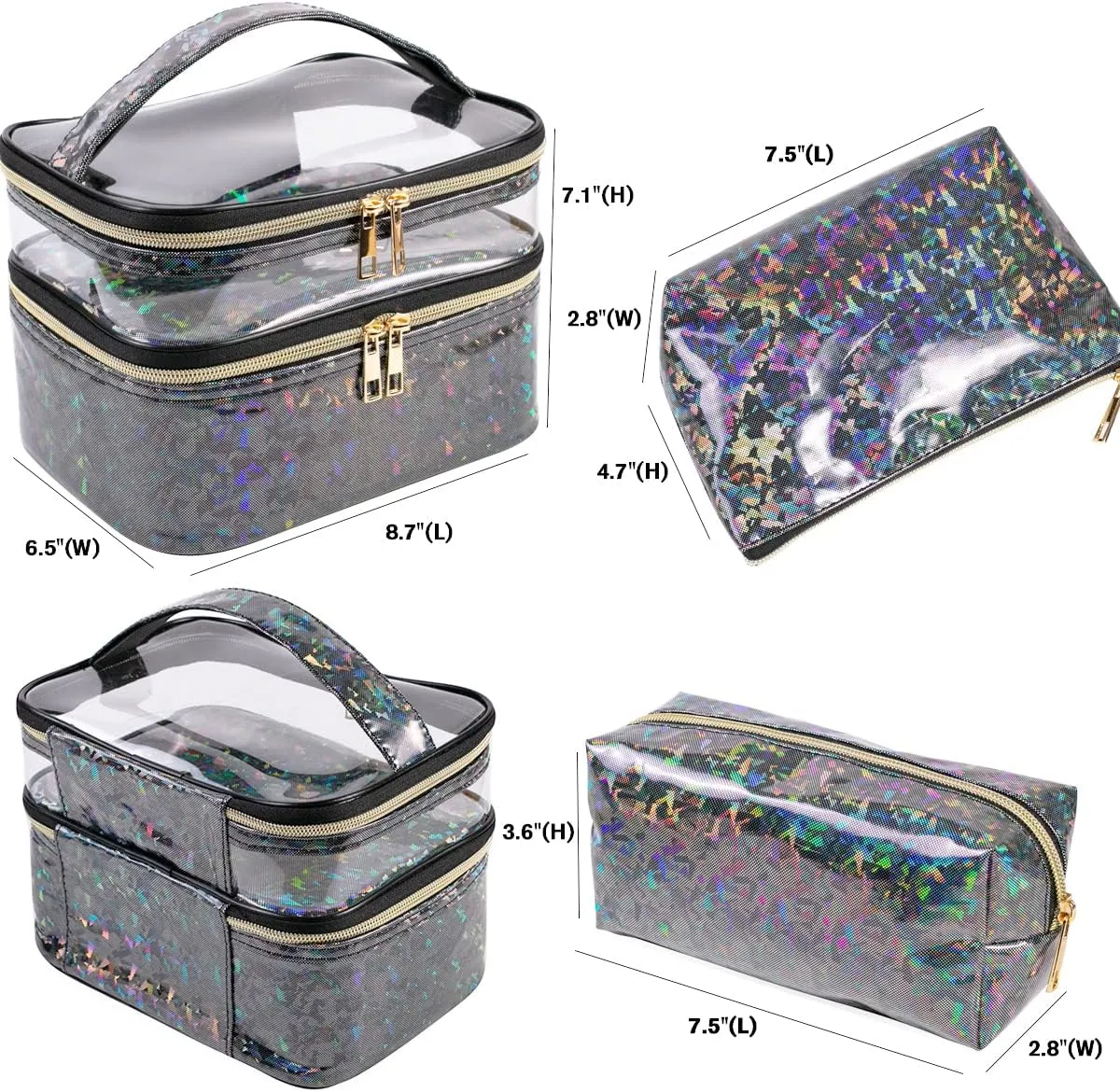 FITINI 3 Pieces Makeup Bags Double Layer Travel Large Holographic Cosmetic Cases Organizer Toiletry Bags Waterproof Small Zipper Pouch for Women Makeup Brush Storage Bag,Black