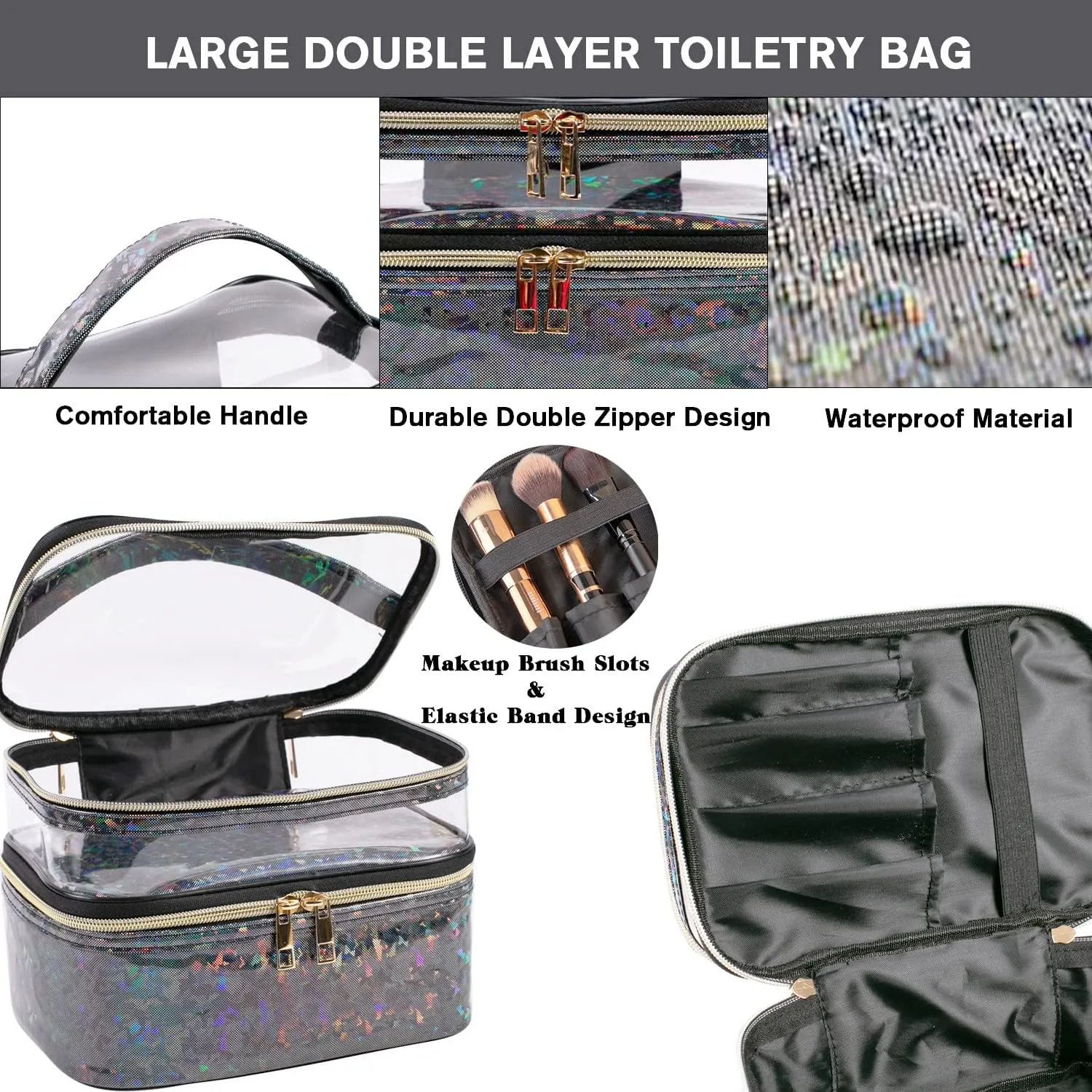 FITINI 3 Pieces Makeup Bags Double Layer Travel Large Holographic Cosmetic Cases Organizer Toiletry Bags Waterproof Small Zipper Pouch for Women Makeup Brush Storage Bag,Black