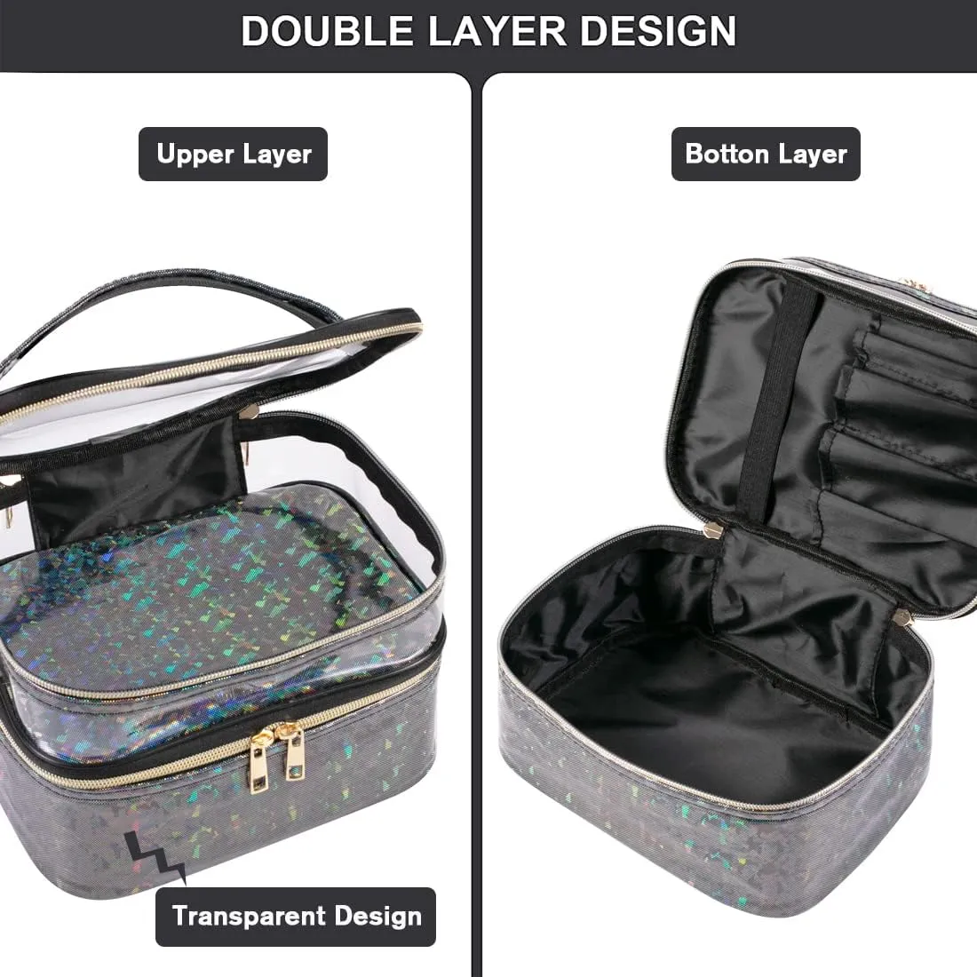 FITINI 3 Pieces Makeup Bags Double Layer Travel Large Holographic Cosmetic Cases Organizer Toiletry Bags Waterproof Small Zipper Pouch for Women Makeup Brush Storage Bag,Black
