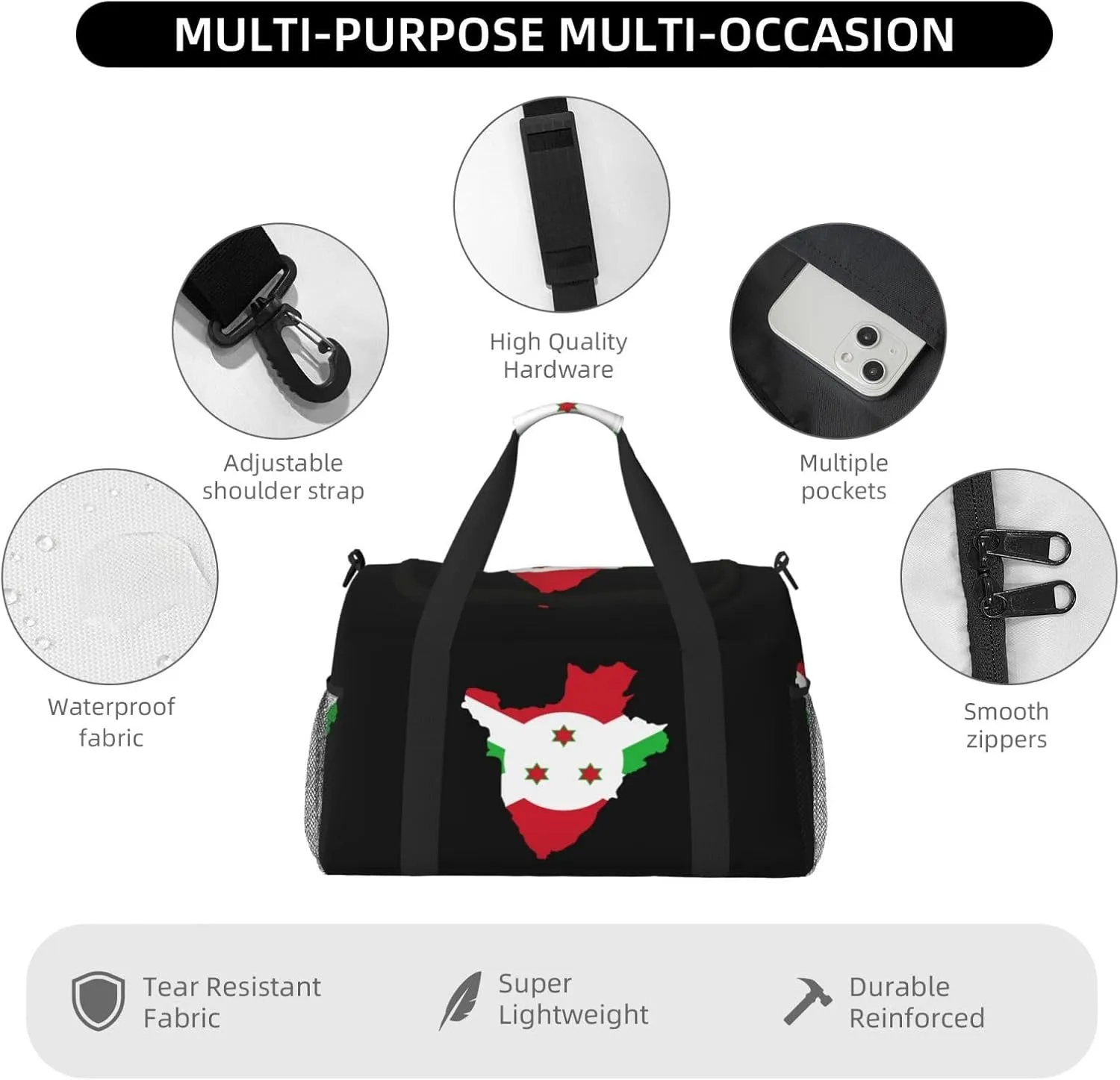Flag Map Of Burundi Travel Duffel Bag Large Foldable Waterproof Overnight Bag For Beach Swim Bags Pool Sports Gym