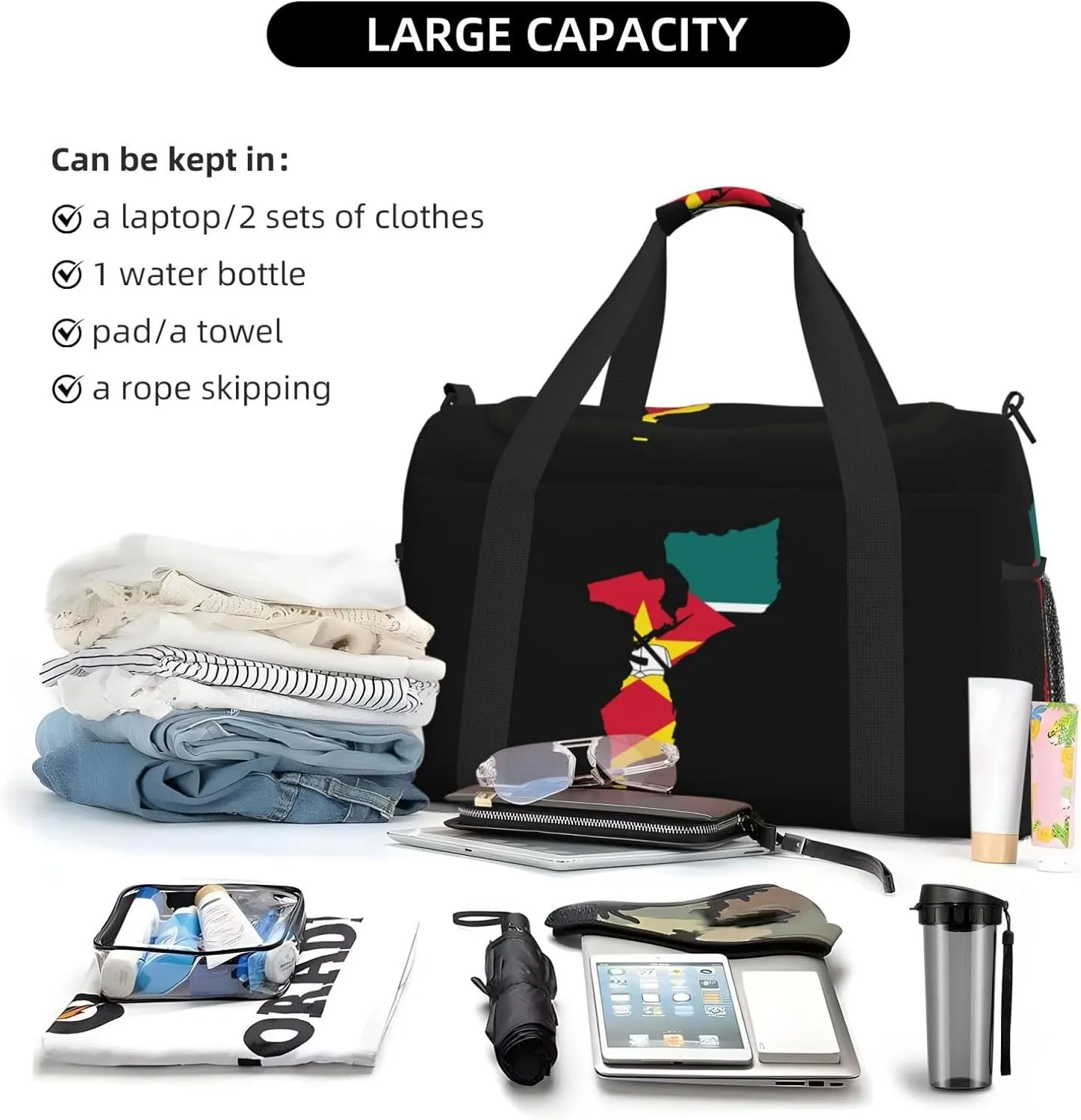 Flag Map Of Mozambique Travel Duffel Bag Large Foldable Waterproof Overnight Bag For Beach Swim Bags Pool Sports Gym