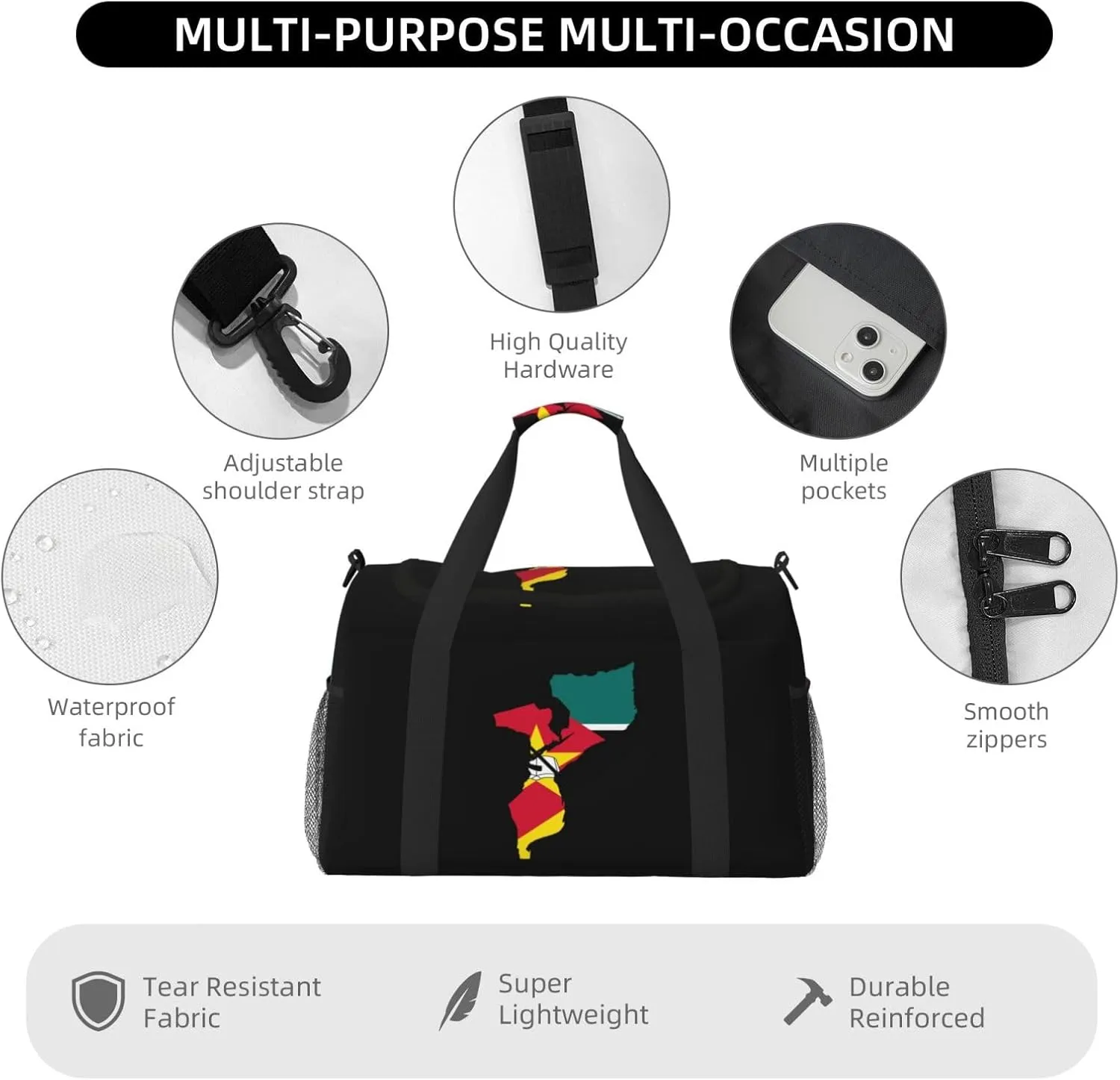Flag Map Of Mozambique Travel Duffel Bag Large Foldable Waterproof Overnight Bag For Beach Swim Bags Pool Sports Gym