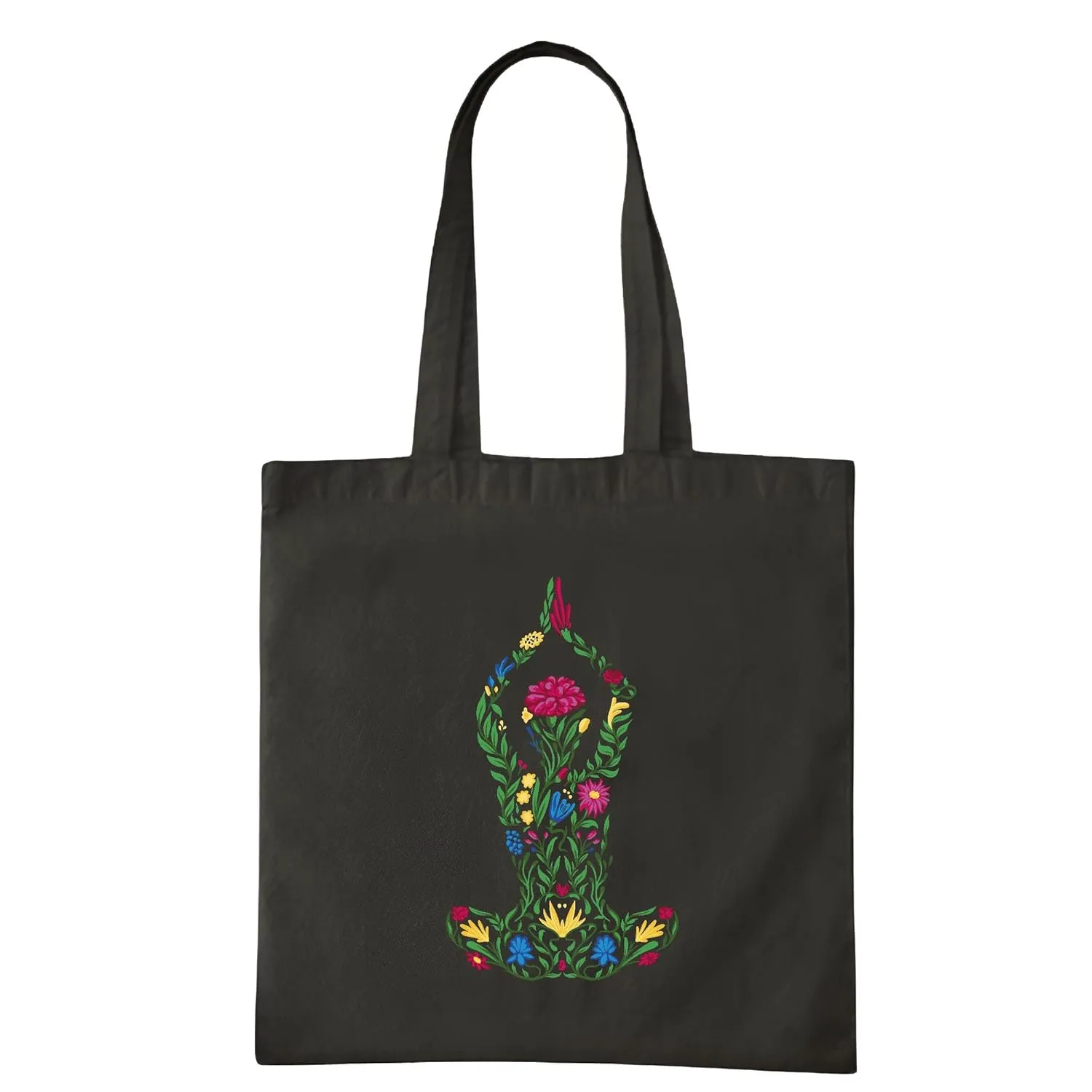 Floral Woman Yoga Pose Gift Meditation Relaxation Navy Black Multicolor Canvas Tote Bag