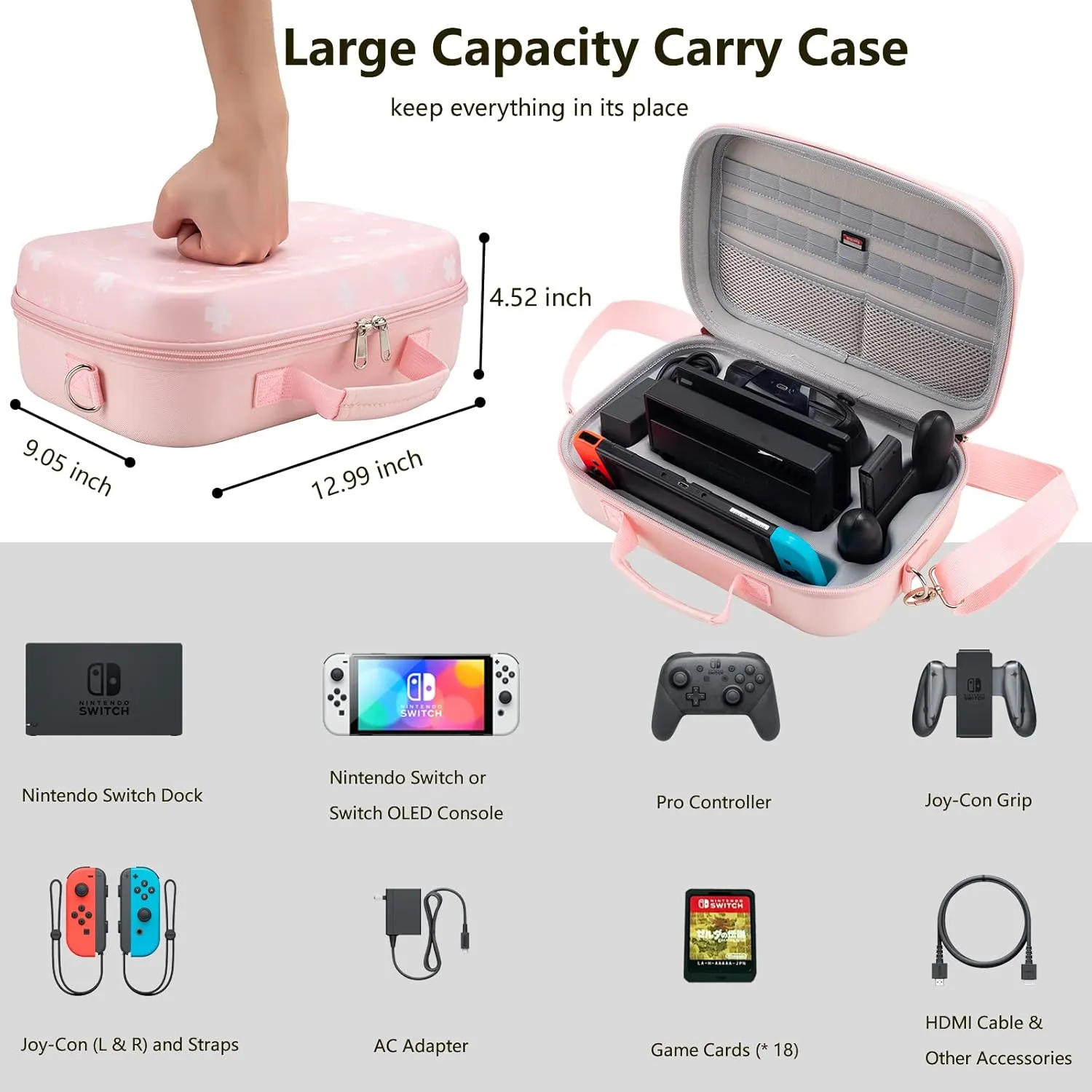 Flyekist Carrying Case for Nintendo Switch/OLED Model,Deluxe Portable Travel Messenger Bag fit Switch Console & Full Set Game Accessories with Mesh Pocket,18 Games & Removable Shoulder Strap