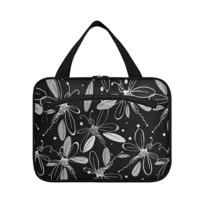 Flying Dragonflies with wings in Black White Vintage Retro Style 1 PC Hanging Travel Wash bag with Handles, Portable Makeup Organizer Brush Storage Case Portable Travel Cosmetic with Hook M