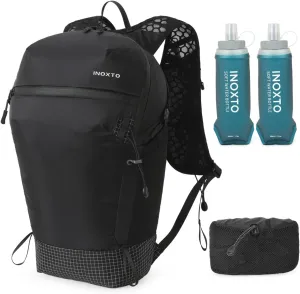 Foldable Hydration Backpack with Two 500ML Flasks, 15L Lightweight Hiking Daypack, Waterproof Hydration Packs for Men and Women, Outdoor Hiking Travel and Running(Black)
