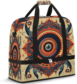 Foldable Travel Duffel Bag Tote Carry on Luggage Bag Vintage Ethnic Devil Eye Sports Gym Bag with Shoes Compartment Small Overnight Weekender Bag for Women Men